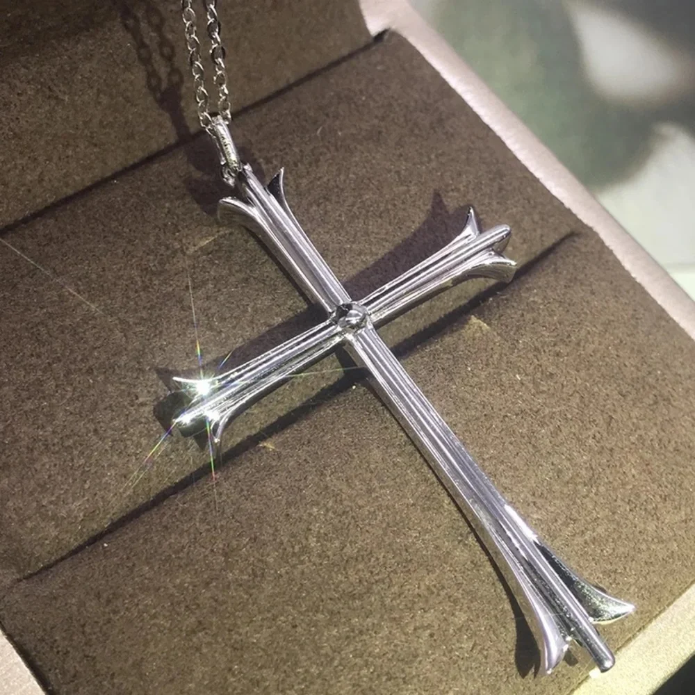 New Unisex 925 Silver Cross Diamond Necklace - Picture 5 of 6